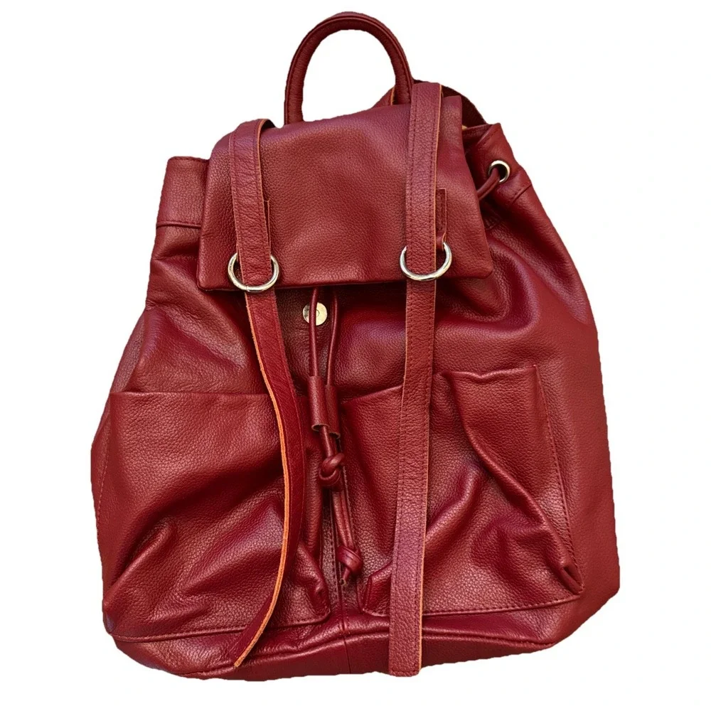 AmeriLeather Backpack Red Pebbled Soft Leather Drawstring Bag Purse‎ Clean Boho